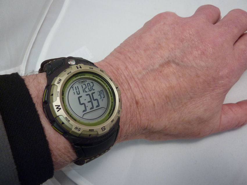 On the wrist - very comfortable - looks larger than it is owing to the pre-curved strap.