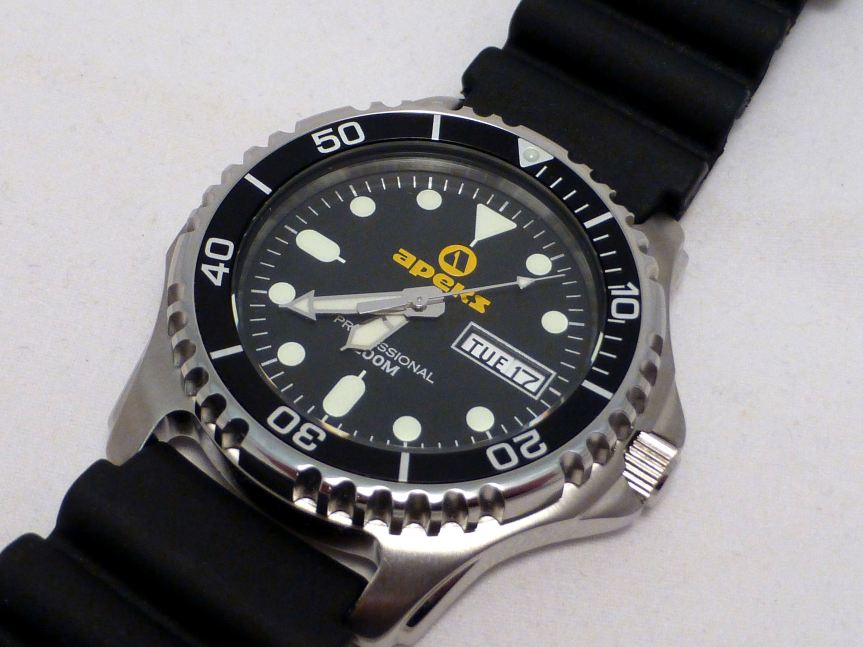 Solid case, uni-directional bezel and Screw Down Crown. Quality build.