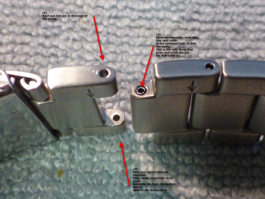 Sequence of resizing links on "collar" system bracelet.