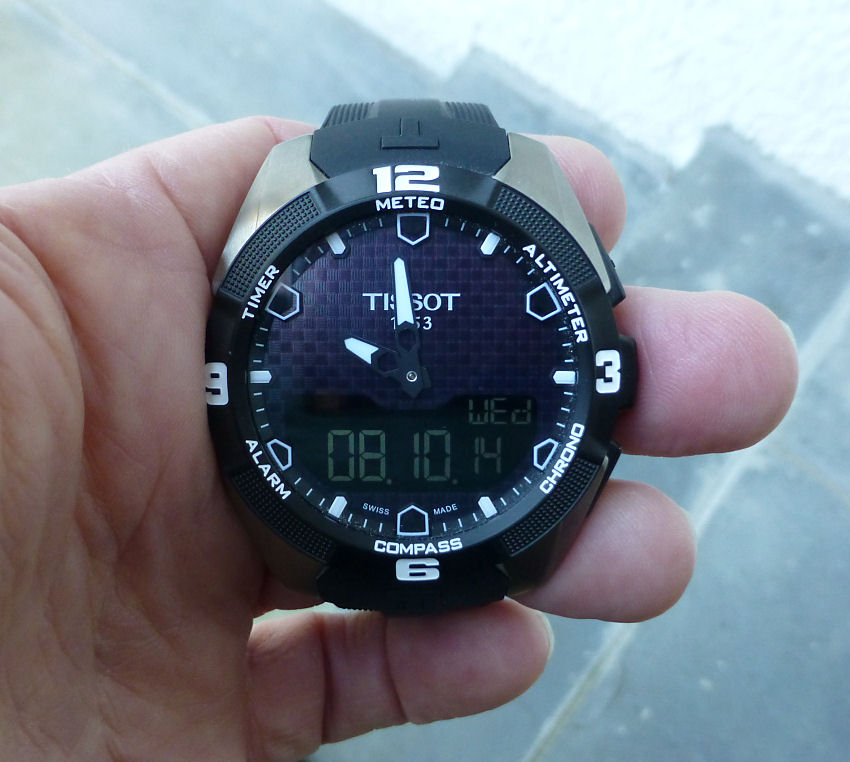 Tissot Solar T-Touch Expert showing standard view (optional calendar shown). Note - business week Number option available.