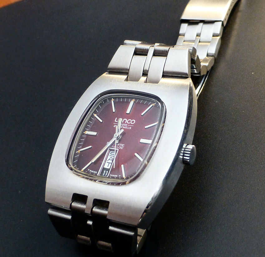 Large 107gms Stainless Steel case with integral bracelet.  Lanco New old Stock