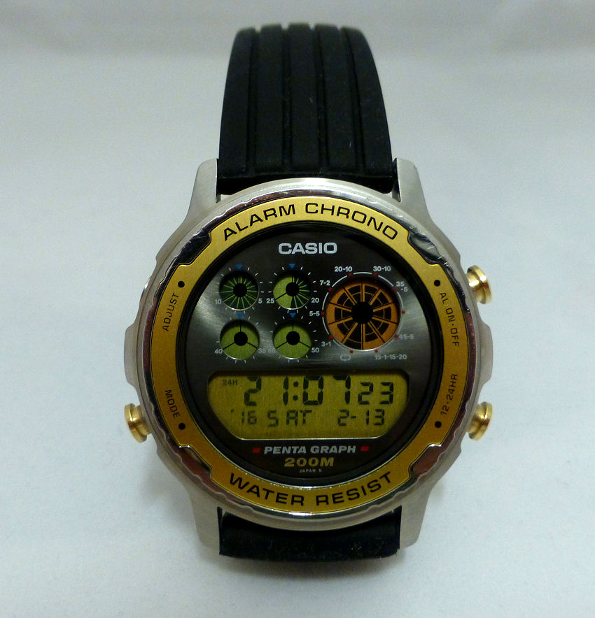 Casio DW7200 Pentagraph multi-timer displays.