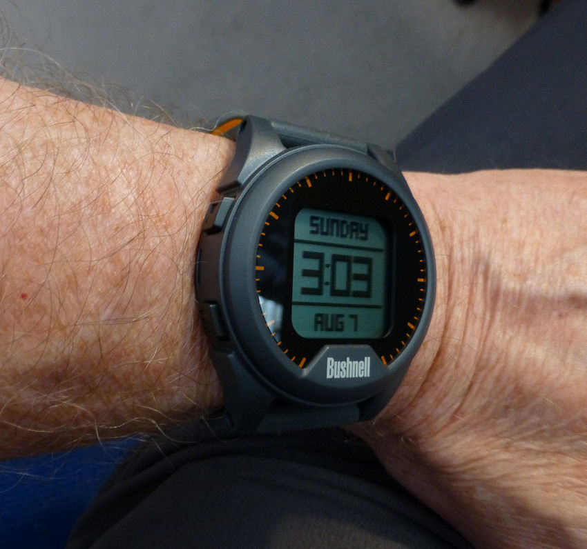 The Bushnell on the wrist, chunky but very comfortable.